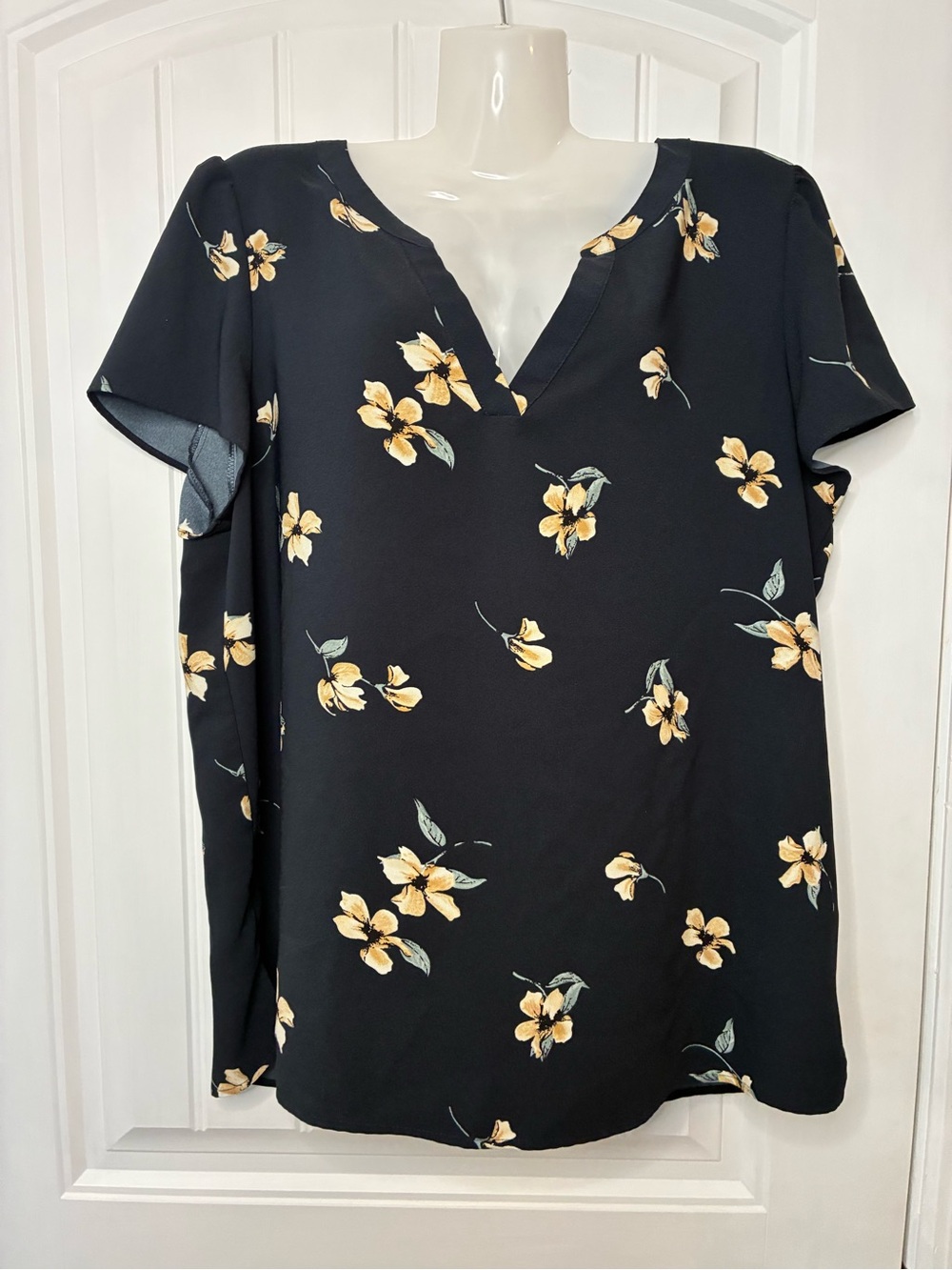 Black Floral V-Neck Blouse with Yellow Blossom Print